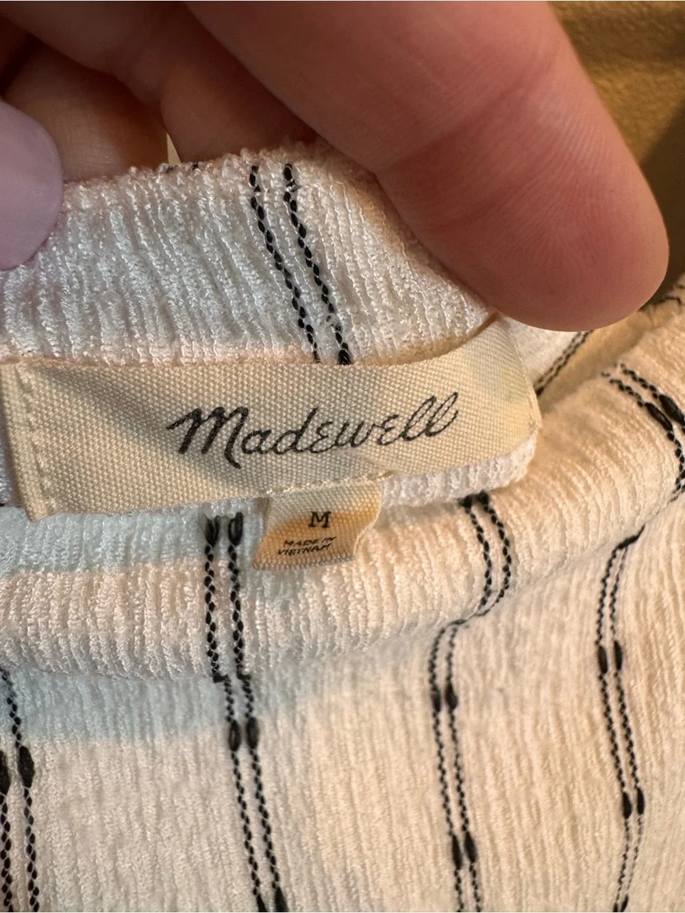 Madewell White Textured Puff-Sleeve Peplum Top with Black Pinstripes